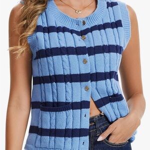 Blue Striped Sleeveless Cardigan